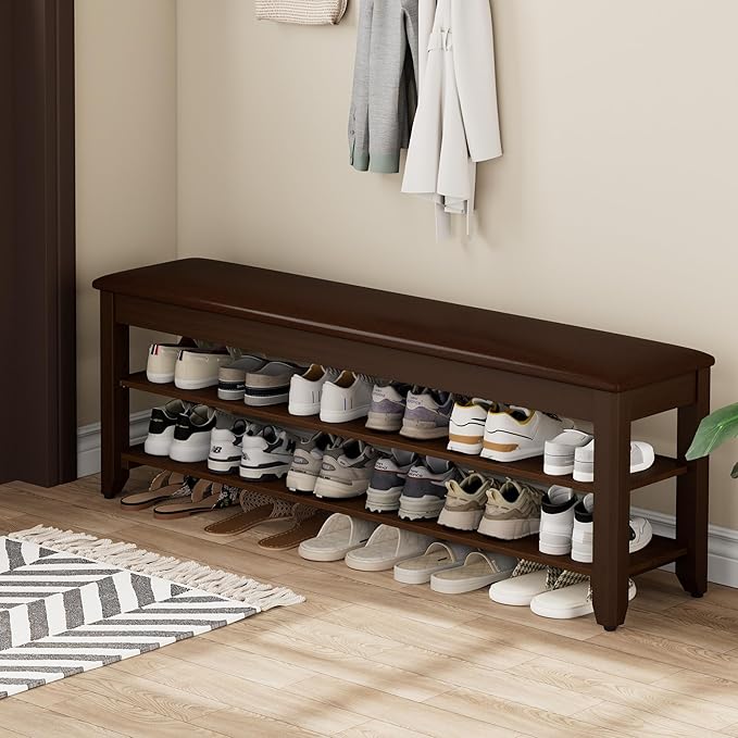 Homleke Shoe Rack Bench with Flip-Top Storage, Solid Wood Entryway Bench with Cushion, Adjustable Shelf, for Hallway, Mudroom, Closet – Walnut, 47.2"