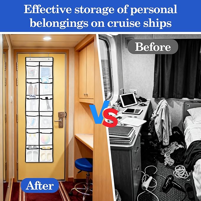 Klmnop 2 Pack Over The Door Organizer For Cruise Ships, 12-Pocket Hanging Storage with 9 Hooks for Cabin, 58x11 Inches, Cruise Essentials for Shoes and Toiletries(White)