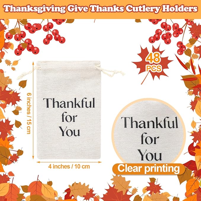 48 Pcs Thanksgiving Utensil Holders Rustic Farmhouse Canvas Linen Cutlery Bags 4 x 6 Inches Thankful for You Silverware Holders for Thanksgiving Autumn Fall Table Decor Party Favor
