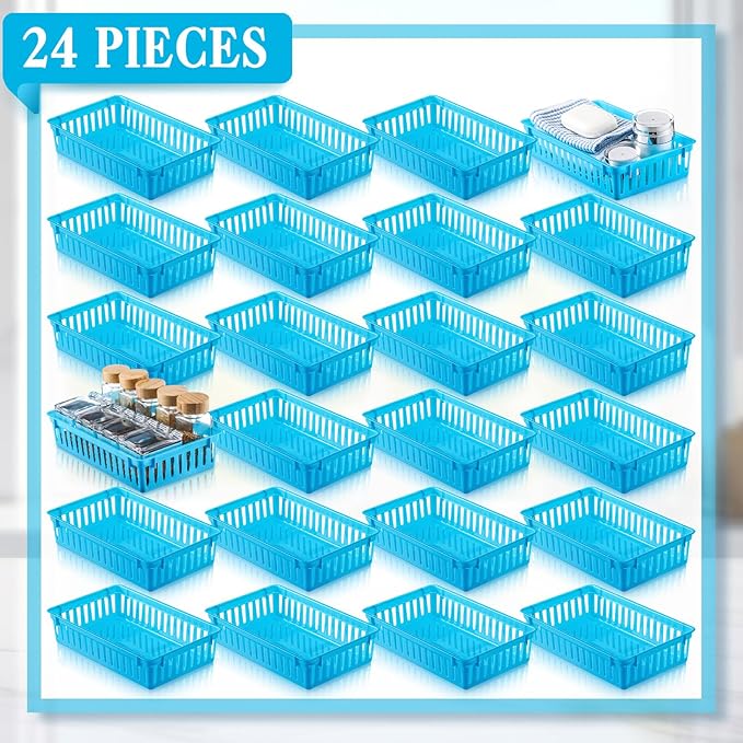 Wenqik 24 Pcs Plastic Storage Baskets for Classroom Organizing Small Pantry Storage Bins Rectangular Tray for Back to School Household Toys Classroom Bedrooms, Kitchens Countertops(Blue)