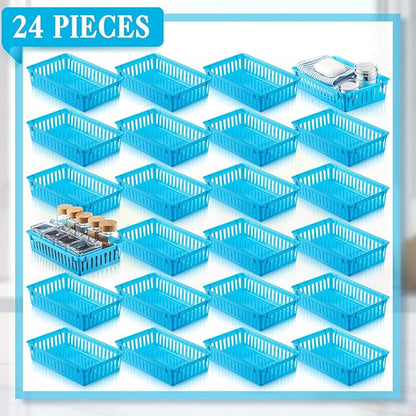 Wenqik 24 Pcs Plastic Storage Baskets for Classroom Organizing Small Pantry Storage Bins Rectangular Tray for Back to School Household Toys Classroom Bedrooms, Kitchens Countertops(Blue)