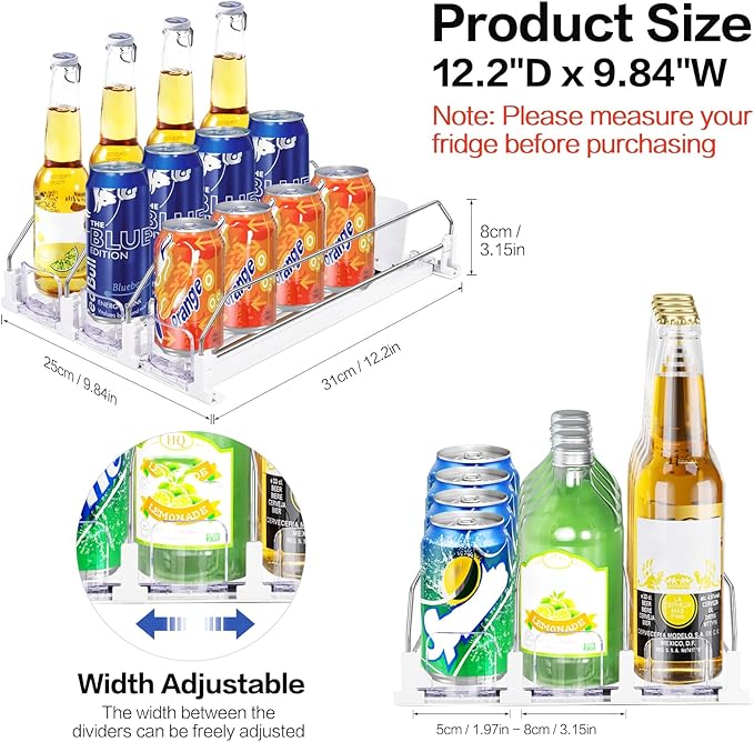 Drink Organizer for Mini Fridge, Automatic Pusher Drink Dispenser for Refrigerator, Soda Can Organizer for Beer Beverage Bottle Holds up to 12 Cans 3 Row (Depth 12.2" x Wide 9.9") White
