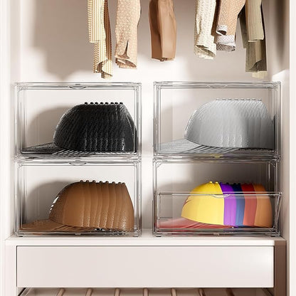 Hat Organizer Box, 2 Pack Hat Storage for Baseball Caps, Stackable Cap Hat Container Holder Rack with Magnetic Lids, Dustproof and Waterproof Acrylic Dispaly Case