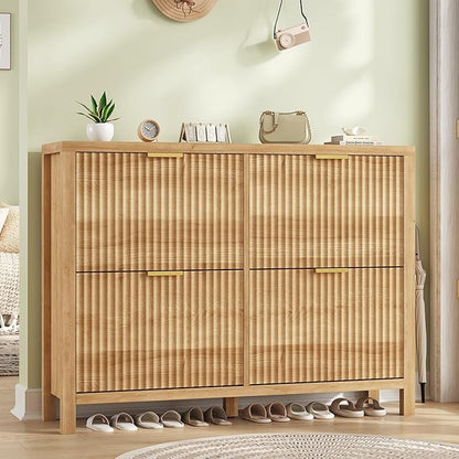 YOMILUVE Shoe Cabinet Storage for Entryway, Fluted Shoe Cabinet with 4 Flip Drawers, Hidden Shoe Rack Freestanding Wooden Shoe Organizer with Legs for Hallway, Oak