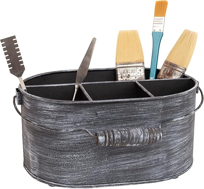 GoCraft Galvanized Flatware Caddy – Rustic Metal Utensil Holder with Handle – 4-Compartment Kitchen Organizer for Cutlery, Napkins, BBQ Tools – Farmhouse Table Decor & Storage
