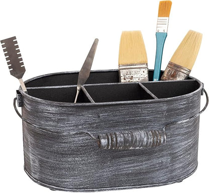 GoCraft Galvanized Flatware Caddy – Rustic Metal Utensil Holder with Handle – 4-Compartment Kitchen Organizer for Cutlery, Napkins, BBQ Tools – Farmhouse Table Decor & Storage
