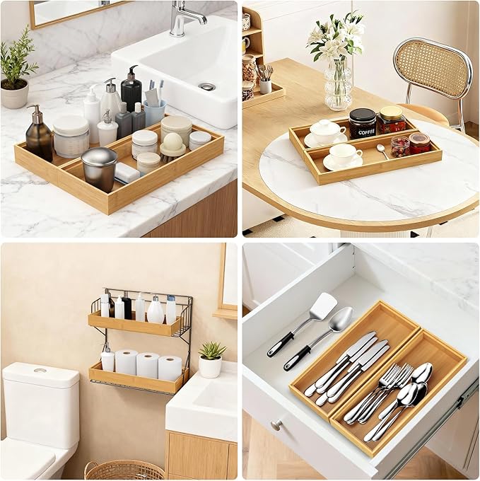 Bamboo Drawer Organizer, Stackable Utensil Trays for Kitchen, Wood Silverware Organizer for Drawer, Set of 2-15"x6"x2"