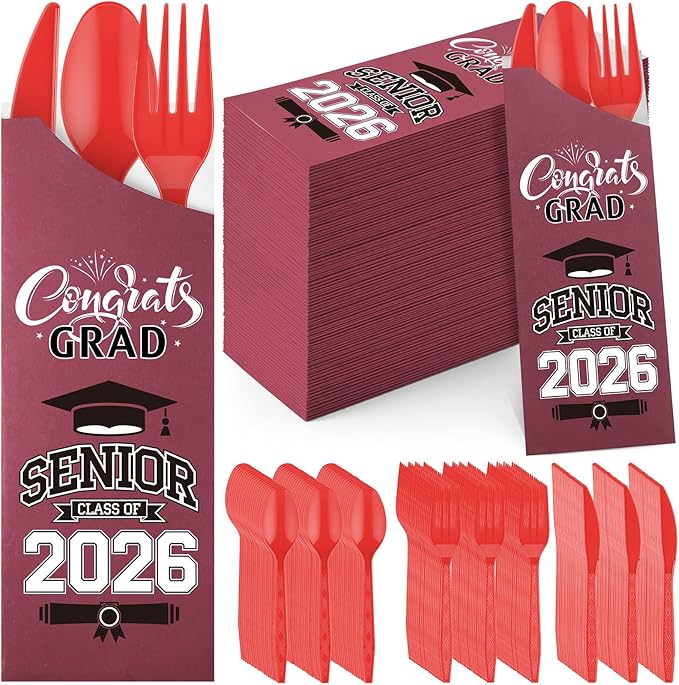 Funnymoom 400 Pcs 2026 Graduation Wrapped Silverware Bags Holder - Disposable Dinnerware Set Includes Plastic Spoons Knives and Forks, Class of 2026 Parties School Congrats Supplies(Burgundy)