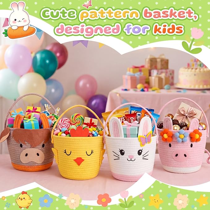 Small Woven Storage Basket with Handle, Cute Cartoon Chick Baskets for Gift Empty, Cotton Rope Storage Basket for Toy Organizer