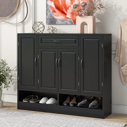 Shoe Cabinet with Adjustable Shelves, Minimalist and Modern Shoe Storage Organizer with Cabinets and Drawer, Space-saving Design Shoe Rack for Various Sizes of Shoes (Black-Customized Shelves 8)