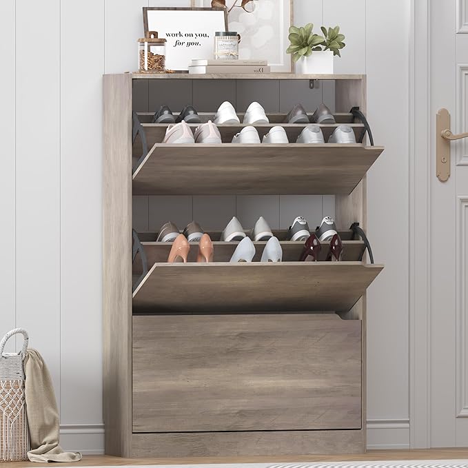 Shoe Storage Cabinet for Entryway, Grey Shoe Cabinet with 3 Flip Drawers, Hidden Shoes Rack Freestanding Storage Organizer for Entryway,Closet, Living Room,Hallway 47.24"H × 31.50"W × 9.44"D