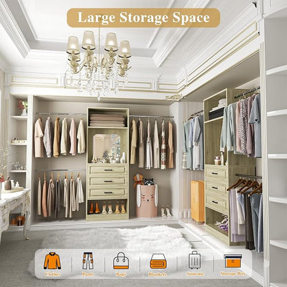 Unikito 48" W - 96” W Closet System with Mirror, 8FT Walk in Closet Organizer with Drawers and 3 Extendable Hanging Rod, Sturdy Wood Clothing Garment Rack with 25” Tower, Max Load 1000 LBS, White Oak