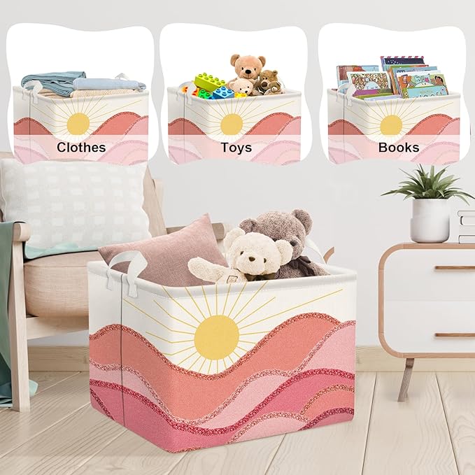 Clastyle Pink Boho Pool Towel Beach Blanket Basket Summer Sunrise Holiday Outdoor Storage Bin Rectangle Collapsible Clothes Toy Book Shelf Basket