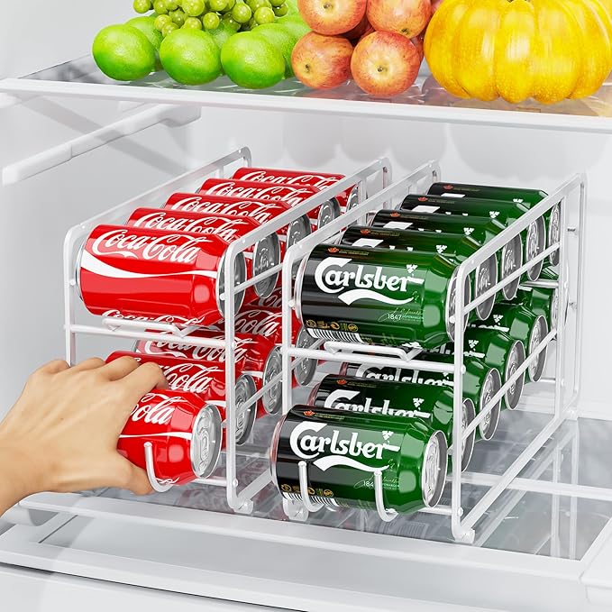 Canyave Soda Can Organizer Storage Rack, 2 Pack Stackable Beverage Soda Can Dispenser Organizer Holder for Refrigerator, Cabinet, Pantry (White)