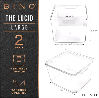 BINO | Plastic Bins, Large - 2 Pack | THE LUCID COLLECTION | Multi-Use| Built-In Handles | BPA-Free | Clear Storage Containers | Fridge Organizer | Pantry & Home Organization