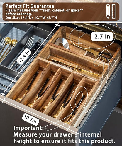 Silverware Drawer Organizer, Acacia Wood Tray for Cutlery & Flatware | Fixed 10.5" Wide, 7-Compartment Utensil Holder for Forks & Spoons
