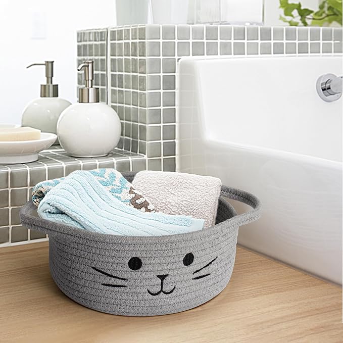 Small Cat Toy Basket, 10”x10”x4” Gray Cotton Rope Storage Bin with Handles, Woven Cat Organizer Box for Indoor Pets, Cute Kitty Easter Basket Gifts Empty, Living Room Nursery Decor