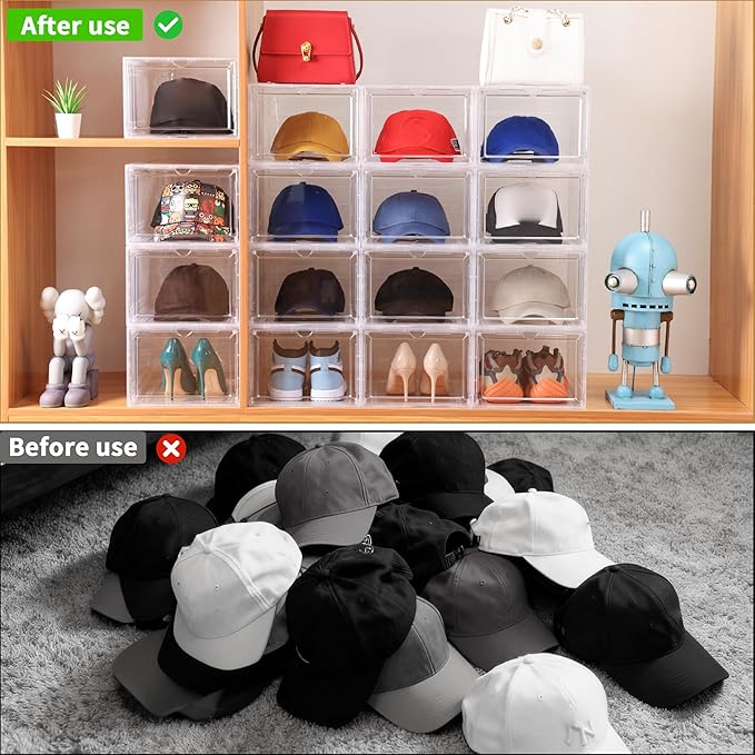 Hat Organizer for Baseball Caps,set of 6, Transparent Storage Box Hat Holder With Clear Magnetic Door, Stackable Rack, Easy to Assemble Stylish Display(13.5 "x 10.6" x 7.5 ")