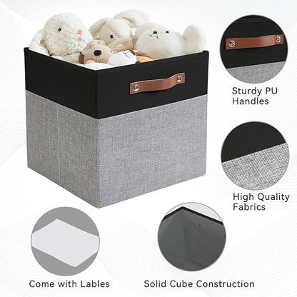Bagnizer 13x15x13 Storage Cube Bins, Foldable Storage Organizer Baskets, Fabric Cube Storage Boxes with 2 Reinforced PU Handles for Kallax, Shelves, Living Room | 4 Pack, Black & Gray