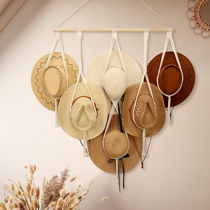 ZYP Macrame Hat Hanger Boho Hat Rack for Wall Hat Holder Display Organizer Bobo Hanging Hat Organizer Storage for Wide Brim Hats
