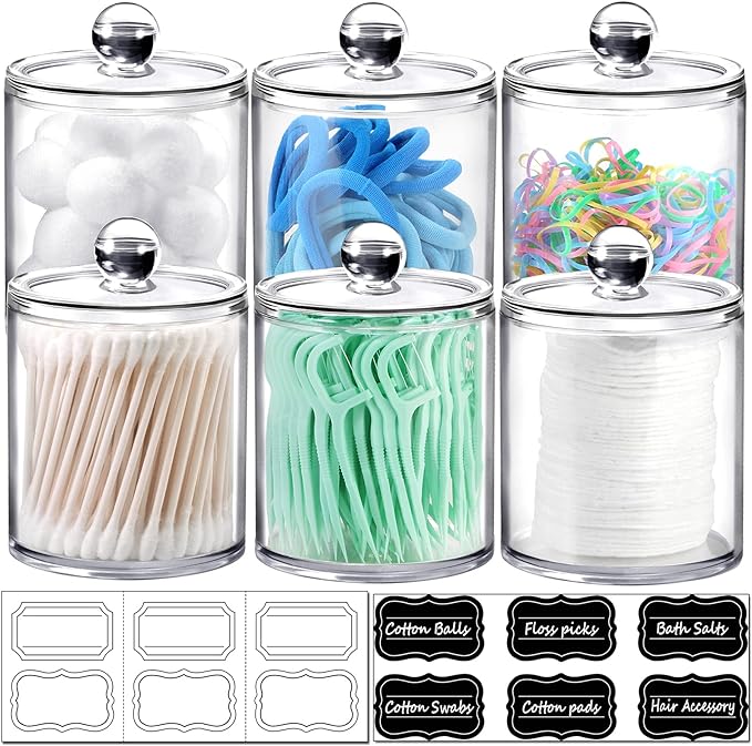 SheeChung 6-Pack Clear Acrylic Apothecary Jars with Labels - (3) 10oz & (3) 12oz Qtip Holder Set - Shatterproof Bathroom Vanity Organizer for Cotton Swabs, Balls, Pads - Minimalist Decor