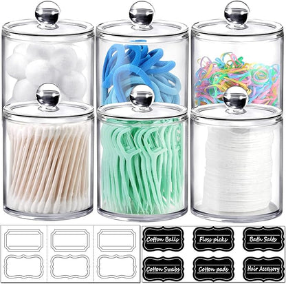 SheeChung 6-Pack Clear Acrylic Apothecary Jars with Labels - (3) 10oz & (3) 12oz Qtip Holder Set - Shatterproof Bathroom Vanity Organizer for Cotton Swabs, Balls, Pads - Minimalist Decor