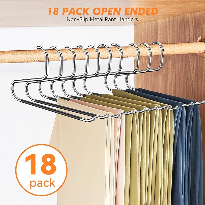 18 Pack Space Saving Open Ended Metal Pant Hangers, Non Slip Jean Hangers for Men and Women, Closet Storage Organizer for Clothes Leggings Slacks Trouser Ties