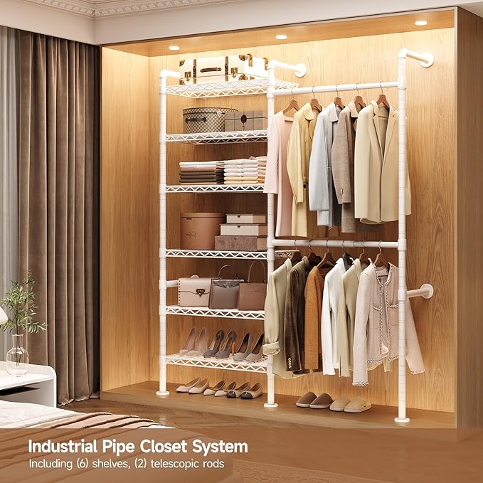 Wall Mounted Garment Rack, Walk-in Closet System with Expandable Rods, Adjustable Shelves, Industrial Pipe Clothing Racks, Hanging Clothes Organizers and Storage, Metal Closet Shelving Wardrobe