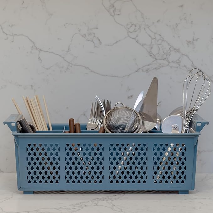 Flatware Rack – 8-slot Plastic Cutlery Basket – Large 16" Organizer for Knives, Forks, Spoons, Silverware, Kitchen Utensils, Essentials, Craft & Office Supplies – Dishwasher Basket