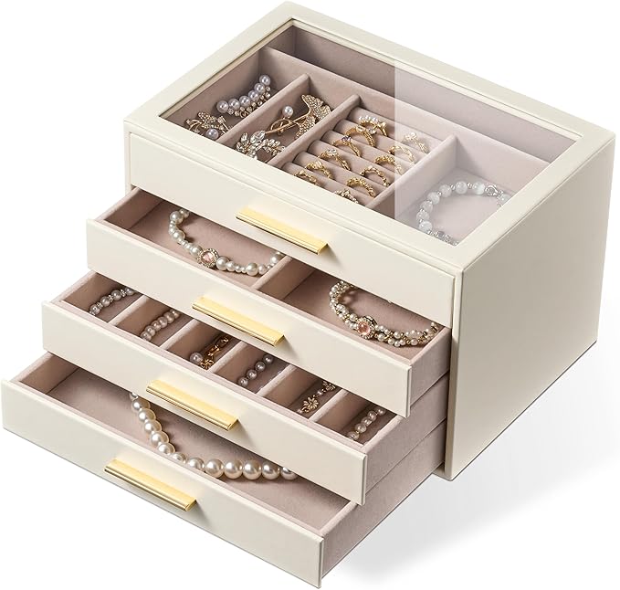 pickpiff Jewelry Box Organizer Case for Women: 4-Layer Jewelry Storage Case with Glass Window, Ivory Leather with Pink Velvet, Holder for Ring Necklace Bracelet Brooch Watch, Great Gift for Her