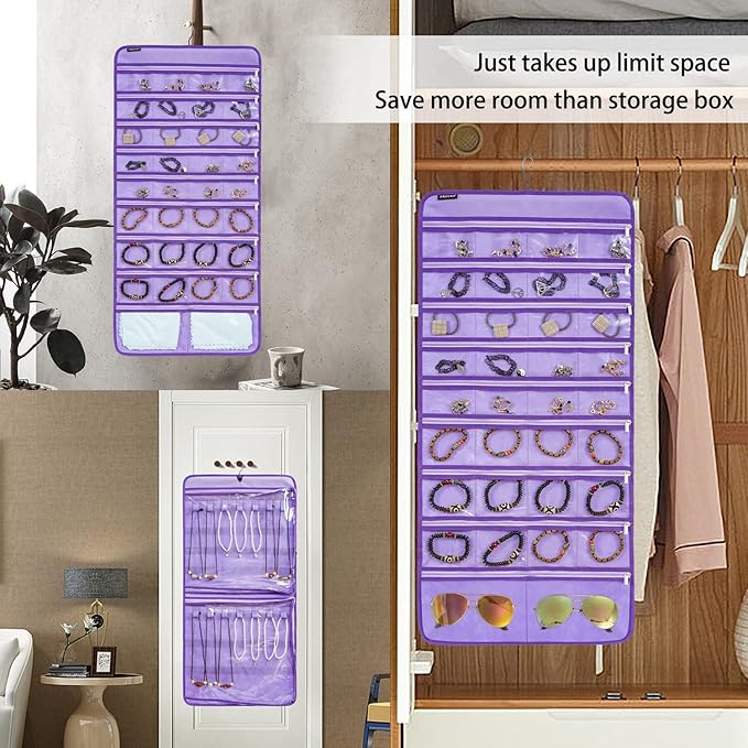Dual-sided Hanging Jewelry Organizer Necklace Holder Jewelries Storage with 34 Zippered Pockets and 14 Dustproof Hook Loops (PURPLE)