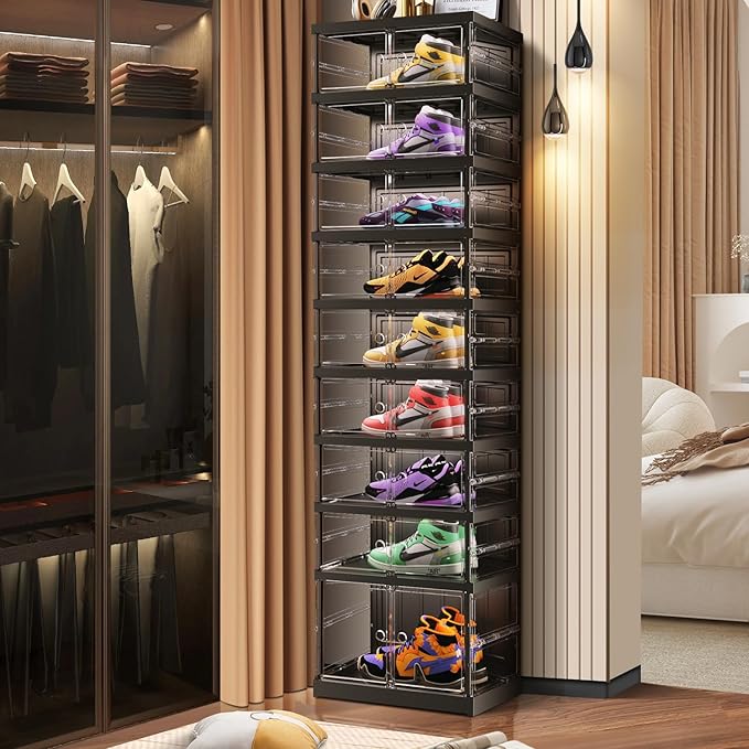 CIMLORD 9-Tier Foldable Shoe Rack for Closet Entryway 9-18Pairs,Stackable Clear Shoe Storage Boxes Organizer with Door Plastic Small Shoe Cabinet Bins with Lids Shoes Shelf Easy Assembly Black