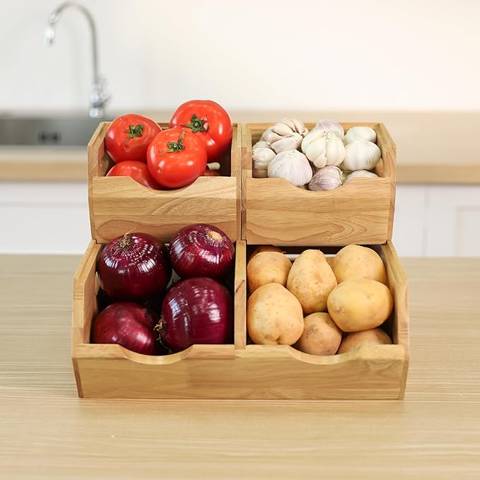 HOMESTEAD Stackable Solid Wood Storage Bins for Pantry & Countertop, Ventilated Potato and Onion Organizer with Handles, Wooden Produce Storage Containers (Natural)