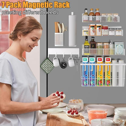 Magnetic Spice Rack for Refrigerator, 7 Pack 100% Metal Strong Magnet Shelf, Spice Organizer W/ Paper Towel Holder, Hook Rack, Utensil Caddy & Cutting Board Holder, Home Kitchen Organization (White)