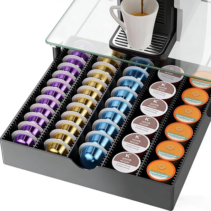 gianotter Crystal Tempered Glass Vertuo Pod Holder Drawer, Compatible with Nespresso Vertuo Capsules, Compatible with 40 Large or 60 Small Nespresso Capsule Organizer (transparent)