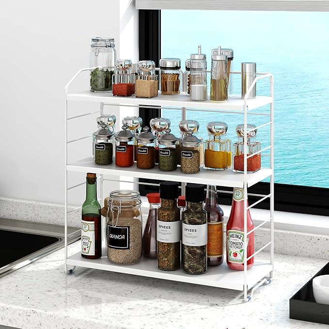 BOIVSHI Bathroom Countertop Organizer, 3-Tier Bathroom Counter Organizer, 8-Levels Height Adjustable, Bathroom Organizer for Kitchen, Livingroom, Office Storage, Metal White