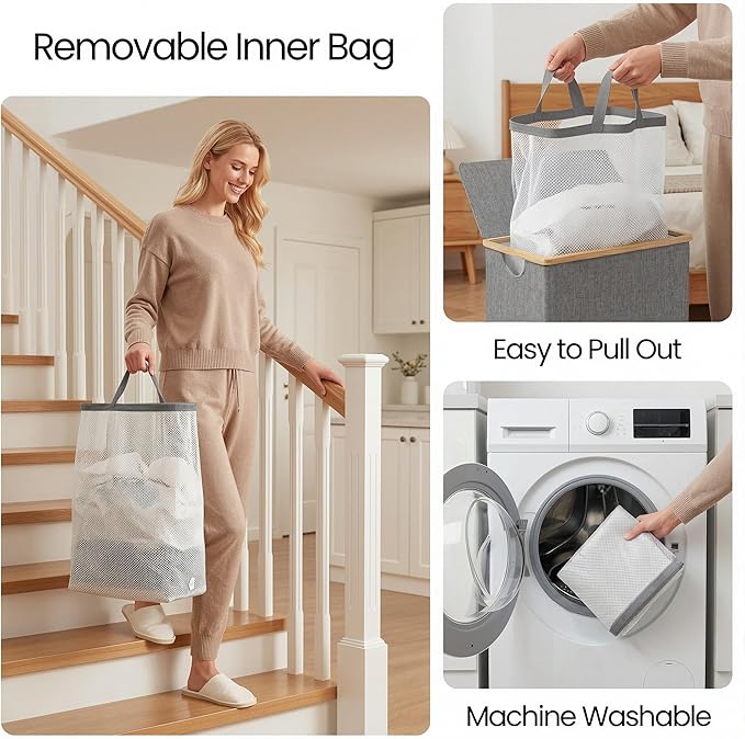efluky Slim Laundry Basket with Lid, Narrow Laundry Hamper with Removable Bag, Skinny Dirty Clothes Basket with Bamboo Handles for Bathroom, Bedroom & Laundry Room, 75L Grey