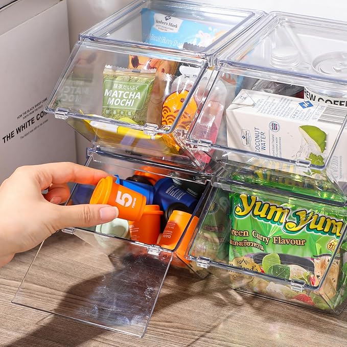 Yerliker 6 Pcs Clear Plastic Storage Bins with Lids Large Stackable Pantry Storage Organizer Bins Kitchen Organization Cabinet Organizers Ideal Containers for Fridge, Kitchen, Cabinets (Clear)