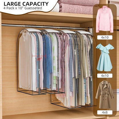 Upgraded Thickened Clear Garment Bags for Hanging Clothes 4 Packs (40 & 50 inch), 10“ Gusseted Clothes Hanging Storage Bags for Closet, Shirts, Coats, Dresses