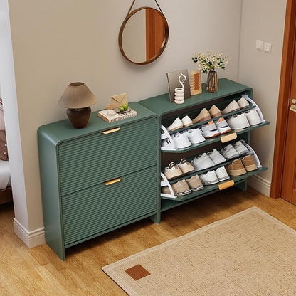 RARZOE Set of 2 Fluted Shoe Storage Cabinets for Entryway, Narrow Curved Shoe Cabinet with 2 Flip Drawers, Wood Hidden Shoe Organizer Closed Shoe Rack Cabinet for Foyer,Hallway (29.5''Green)