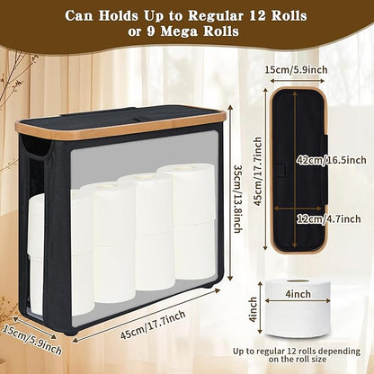 Toilet Paper Storage Basket with Lid - The Ultimate Bathroom Organizer, Free Standing Toilet Paper Holder for Up to 9 Mega Rolls, Toilet Tissue Storage Bin with Handle for RV Closet, Black