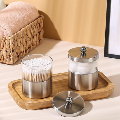 Gaussra Apothecary Jars, Qtip Holder - Brushed Stainless Steel Bathroom Jar with Stickers - Farmhouse Decor Qtip Dispenser for Qtips, Cotton Balls, Swabs, Makeup Sponges (2 Pack, Brushed Nickel)