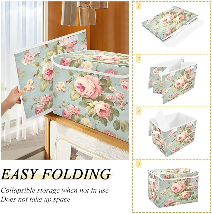 senya Flower Baskets Collapsible Storage Bins with Lids, Vintage Pink Rose Flower Storage Boxes Clothes Baskets for Organizing, B06D22020