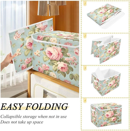 senya Flower Baskets Collapsible Storage Bins with Lids, Vintage Pink Rose Flower Storage Boxes Clothes Baskets for Organizing, B06D22020