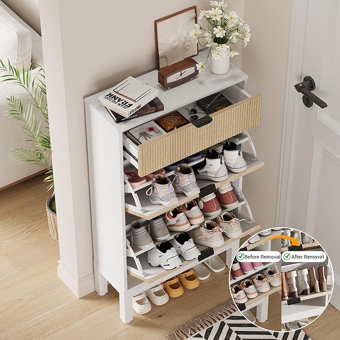 IDEALHOUSE Shoe Storage Cabinet with 2 Flip Drawers, Farmhouse Fluted Shoe Organizer with Metal Legs, Freestanding Hidden Slim Narrow Shoe Rack for Entryway, Foyer, Hallway