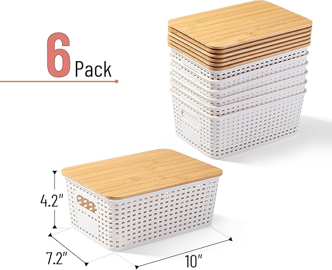BAMBOO LAND- Plastic Storage Baskets with Bamboo Lid, 6 pcs, Cream White Small Pantry Storage Baskets with Lids