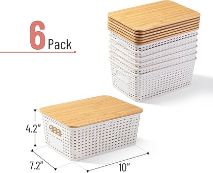 BAMBOO LAND- Plastic Storage Baskets with Bamboo Lid, 6 pcs, Cream White Small Pantry Storage Baskets with Lids