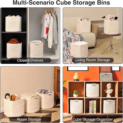 ICERZCZ 11 Inch Cube Storage Bins, Organizer Bins, Woven Cotton Rope Baskets for Storage, Storage Baskets for Organizing Shelves, White Basket for Toys, Off White (Pack of 3)