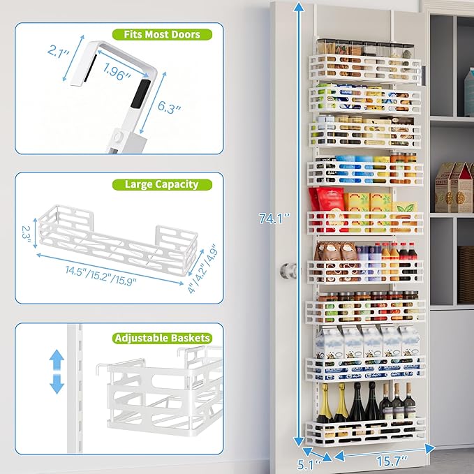 Over the Door Pantry Organizer, Over The Door Pantry Organizer Rack and Storage, 9 Tier Metal Hanging Spice Rack Shelves Door, Home & Kitchen Essentials, White