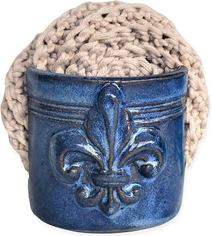 Fleur De Lis Sponge Holder for Sink White French Country Farmhouse Decor Compact Handmade Drain Rack (Blue)